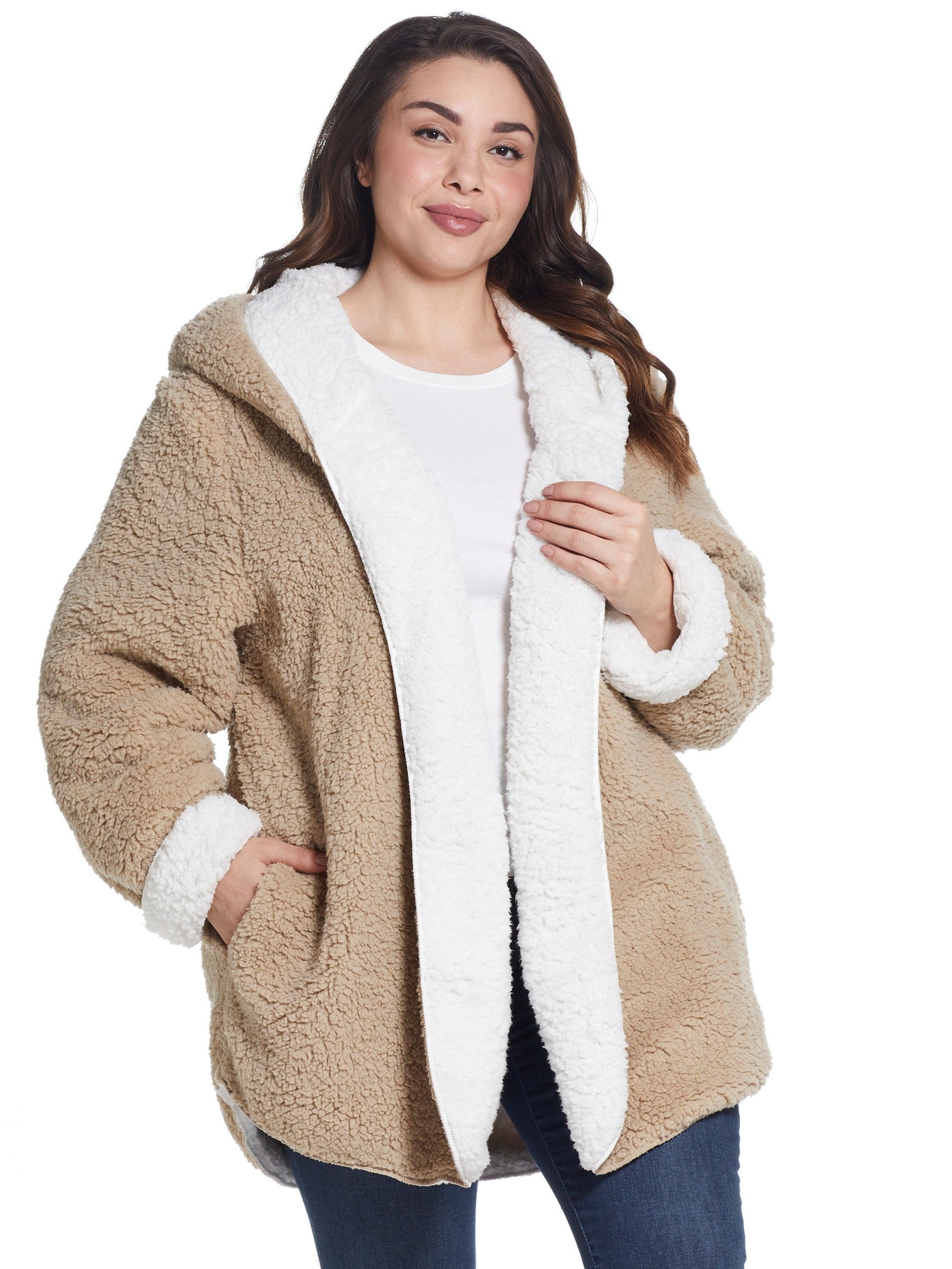  Weatherproof Plus Size Ladies Hooded Sherpa Fleece Reversible Jacket - Cream/Tan - Bonton