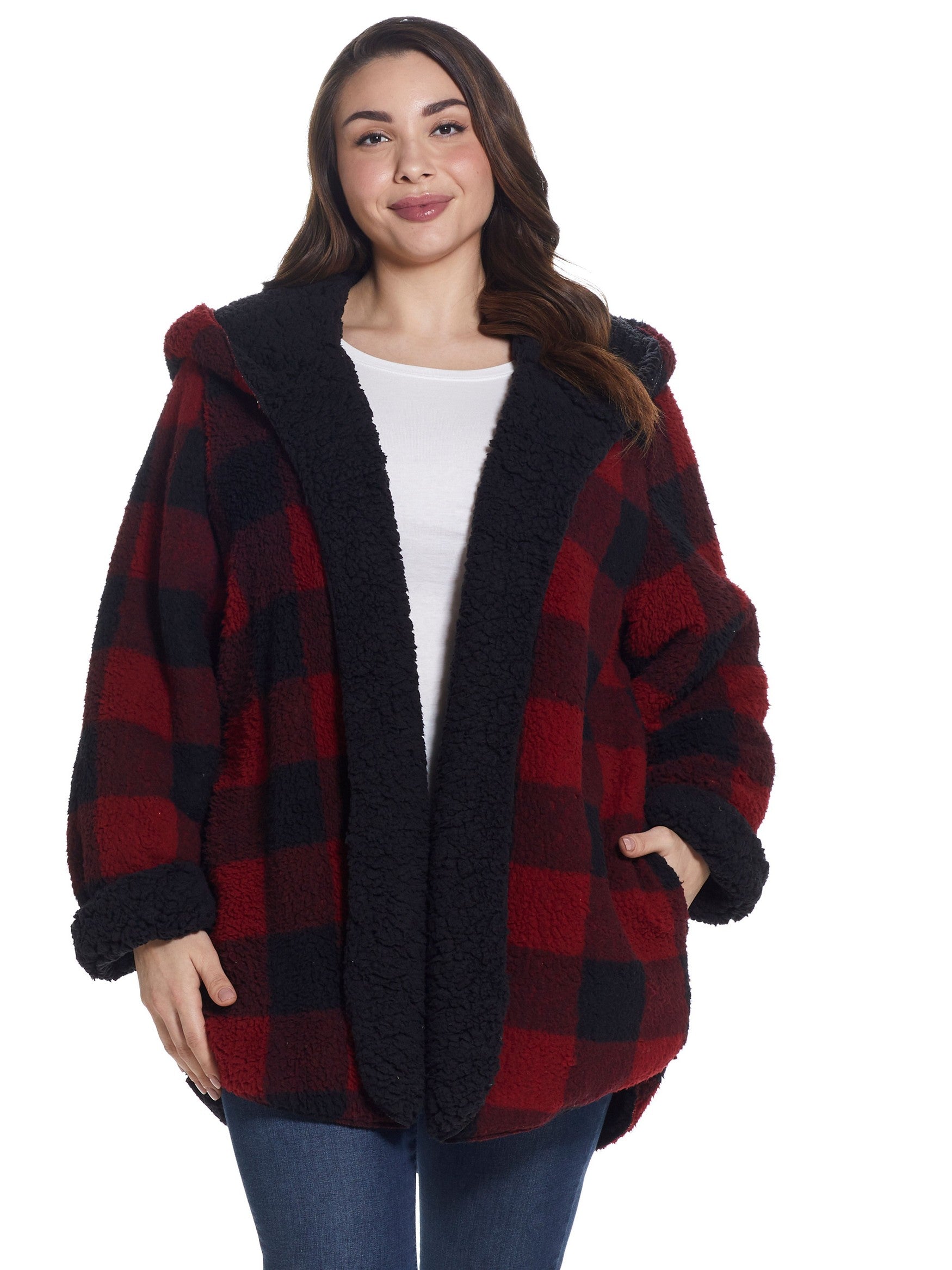  Weatherproof Plus Size Ladies Hooded Sherpa Fleece Reversible Jacket - Red/Black Plaid - Bonton