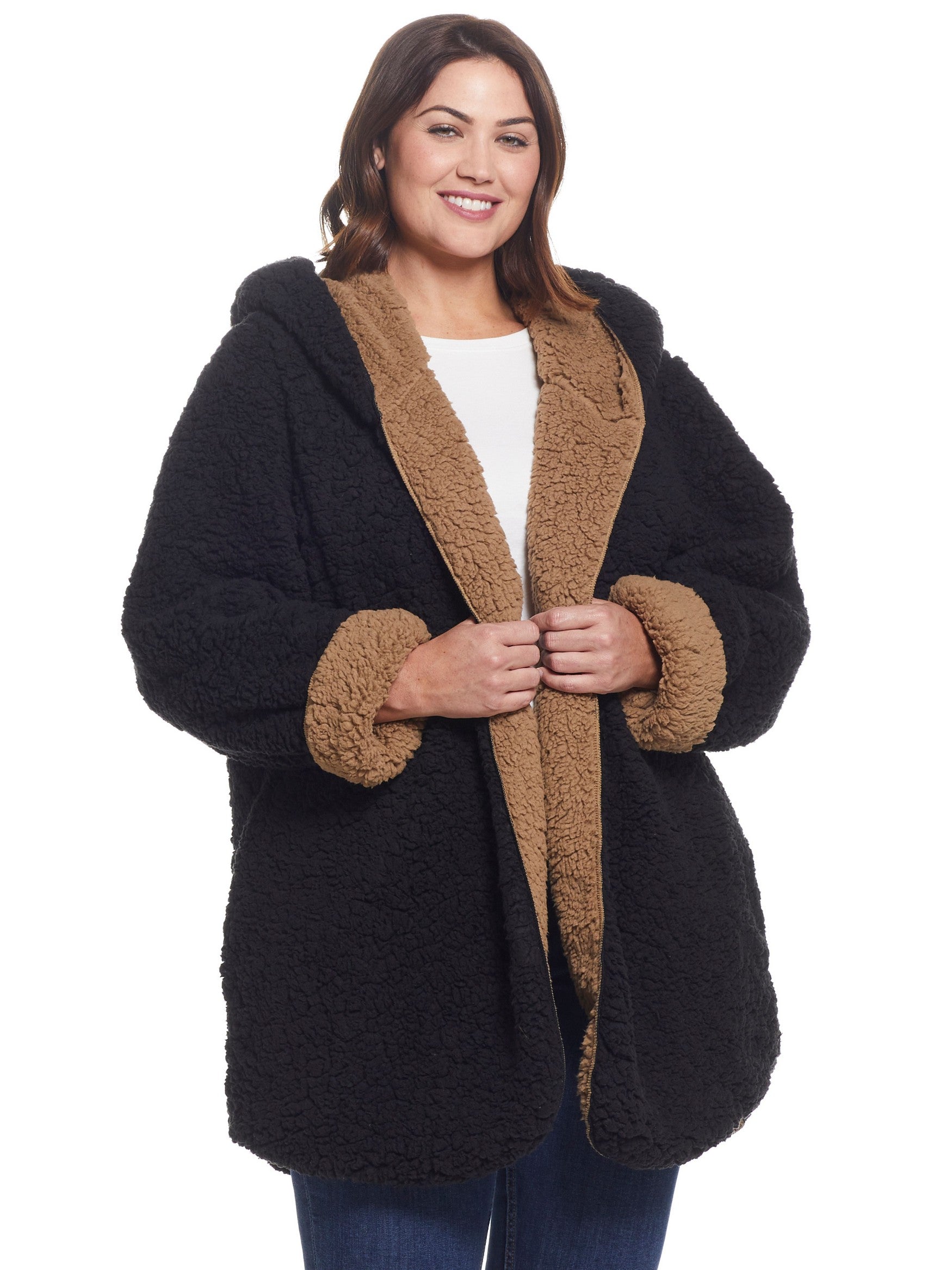  Weatherproof Plus Size Ladies Hooded Sherpa Fleece Reversible Jacket - Black/Saddle - Bonton