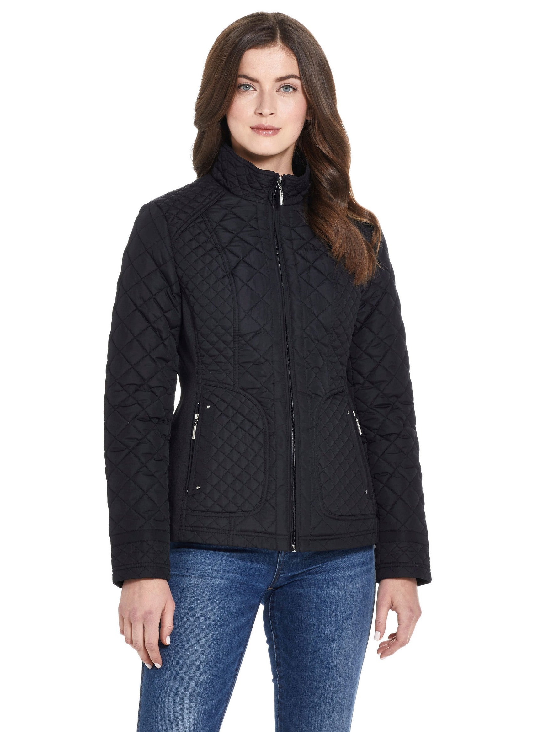  Weatherproof Stand Collar Ladies Quilted Moto Jacket - Black - Bonton