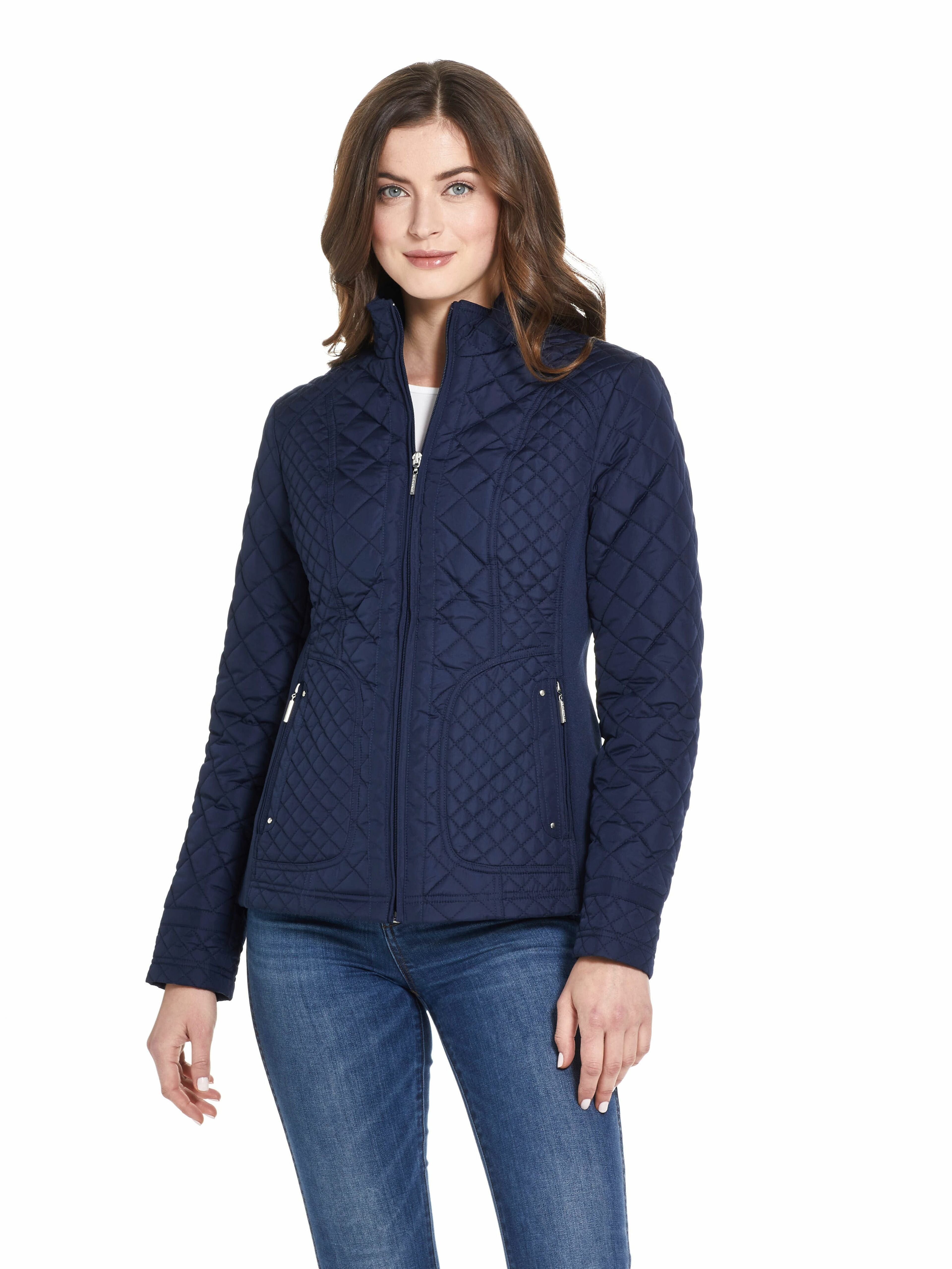  Weatherproof Stand Collar Ladies Quilted Moto Jacket - Navy - Bonton