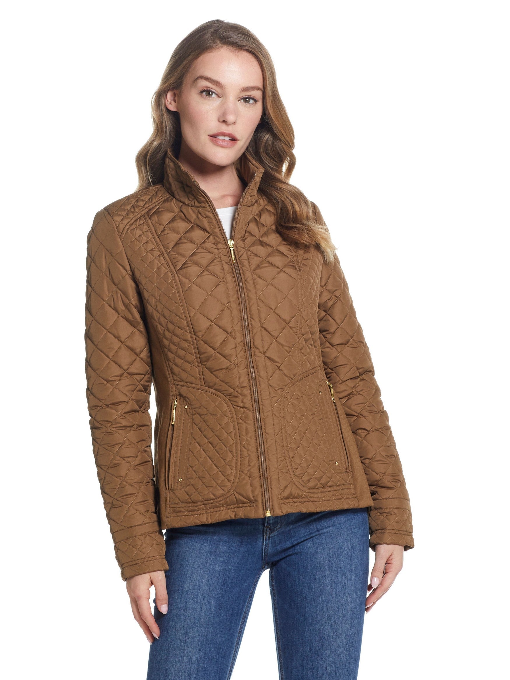  Weatherproof Stand Collar Ladies Quilted Moto Jacket - Saddle - Bonton