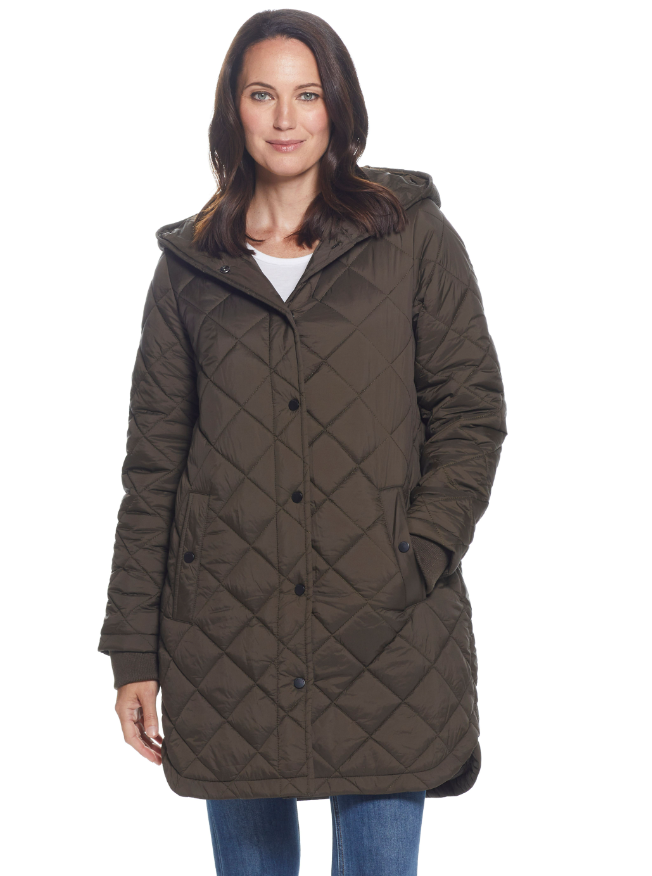  Weatherproof Ladies Diamond Quilted Hooded Duffle Coat - Olive - Bonton