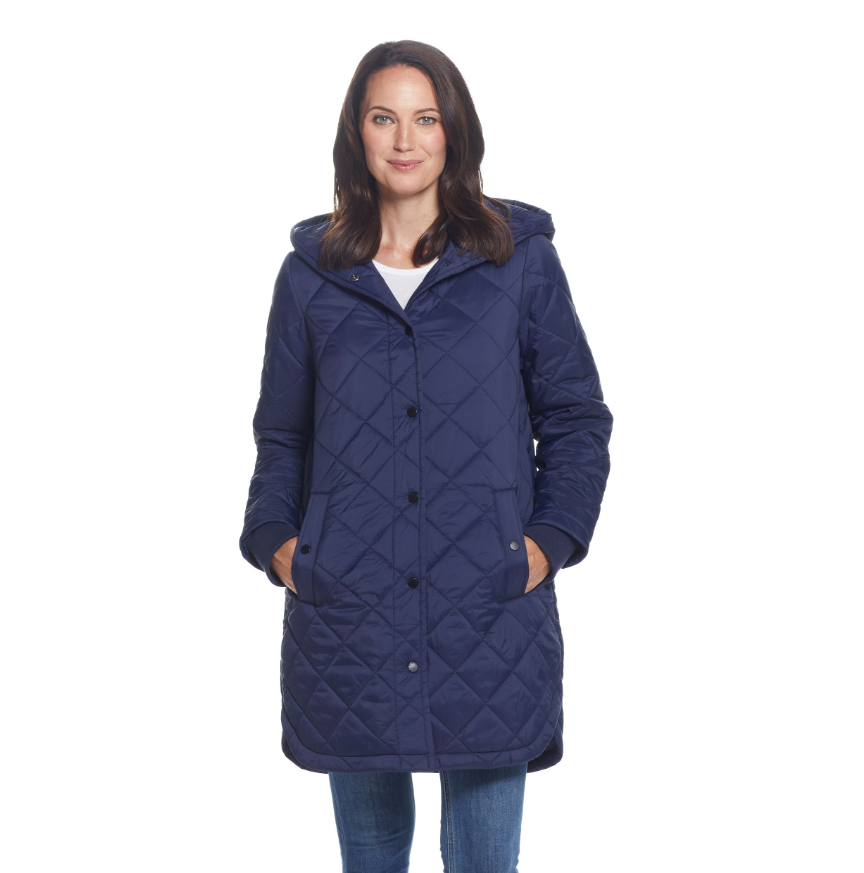  Weatherproof Ladies Diamond Quilted Hooded Duffle Coat - Navy - Bonton