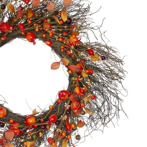 Leaves and Berries Artificial Fall Harvest Twig Wreath - 24 Inch  Unlit