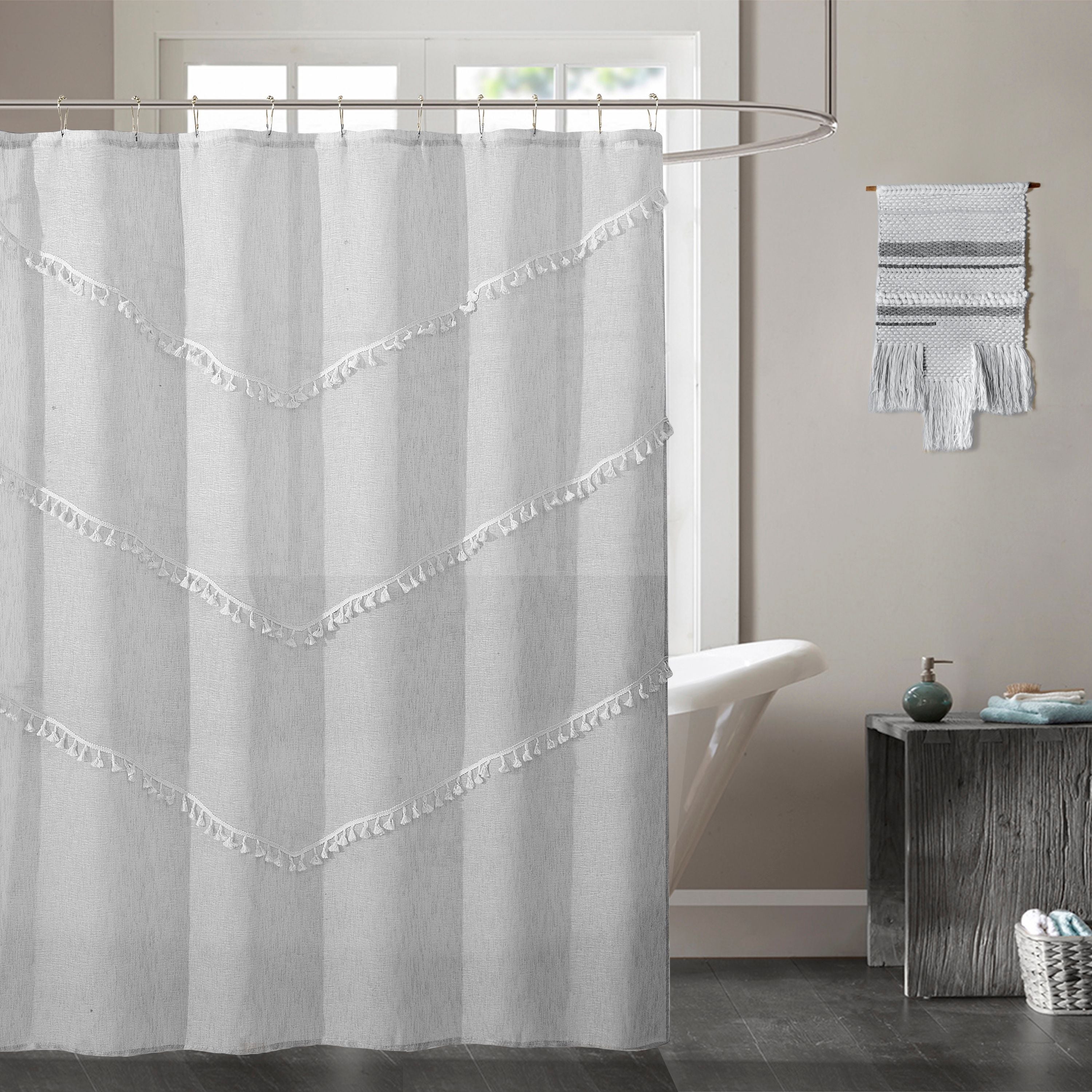  Dainty Home Natural Tassels Shower Curtain - Silver - Bonton