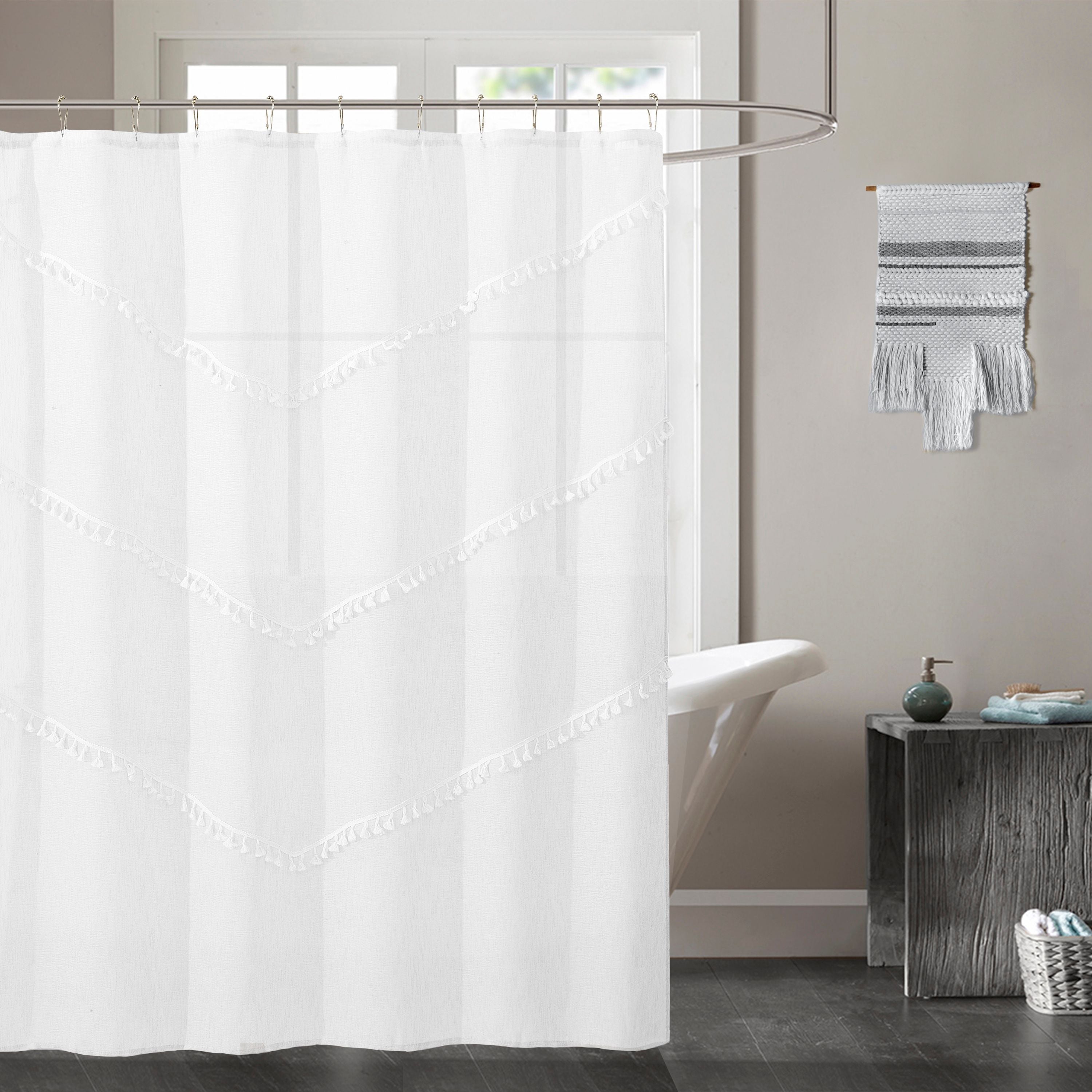  Dainty Home Natural Tassels Shower Curtain - White - Bonton