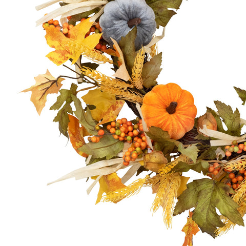 Velvet Pumpkins and Wheat Artificial Fall Harvest Wreath - 24-Inch  Unlit