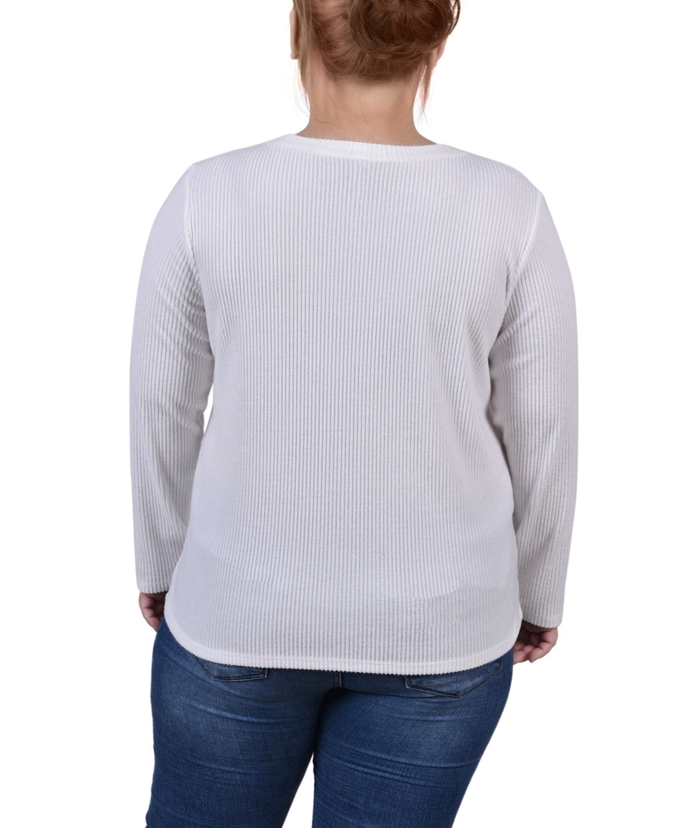  NY Collection Plus Size Long Sleeve Ribbed Button Detail Top - Ivory - Bonton