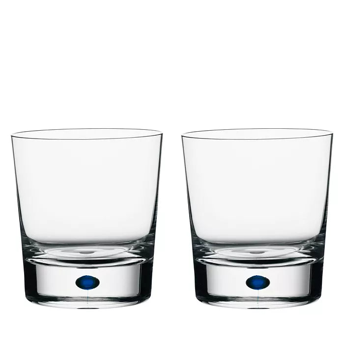  Orrefors Intermezzo Blue Double Old Fashion Glass Pair - Clear/ Blue Teardrop - Bonton