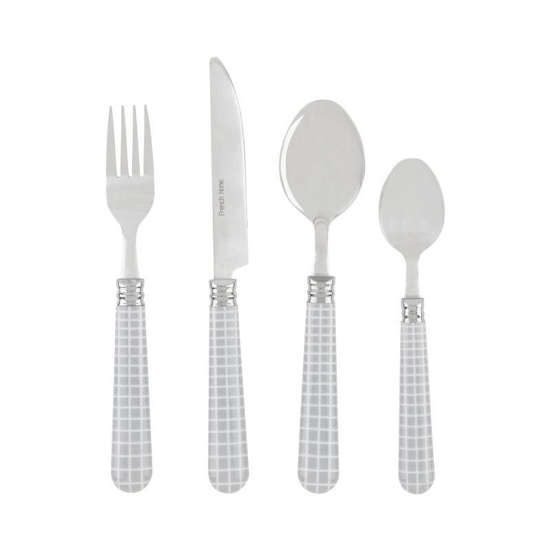  French Home Bistro Geometric Grid Flatware Set - Cool-Toned Gray and White - Bonton