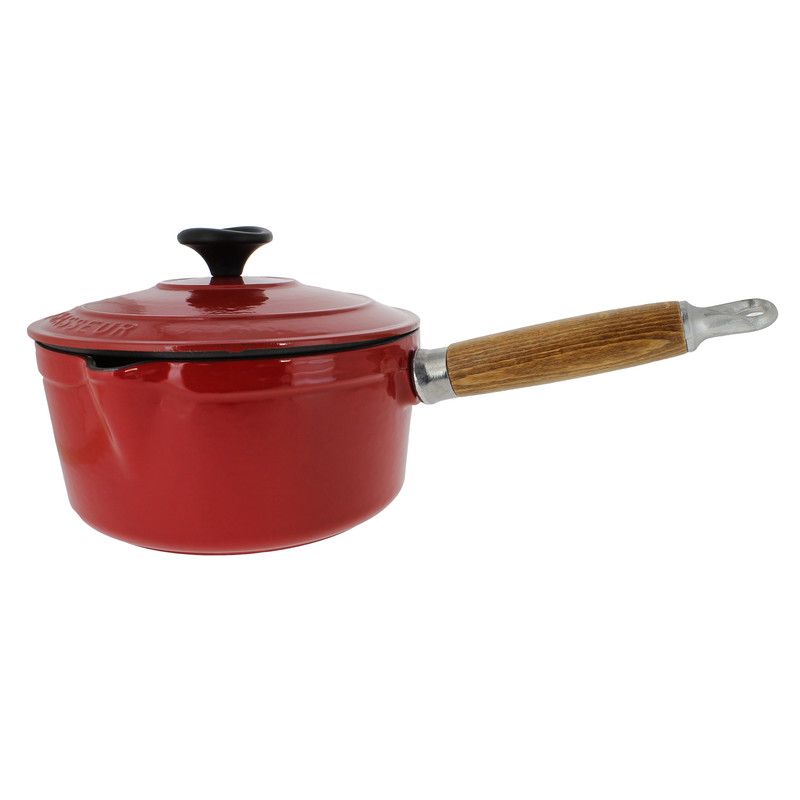  Chasseur French Enameled Cast Iron Saucepan with Lid and Wood Handle - Red - Bonton