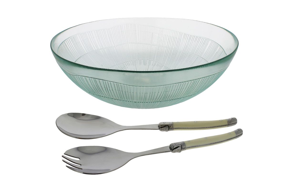  French Home Recycled Glass Birch Salad Bowl & Laguiole Servers - Clear - Bonton