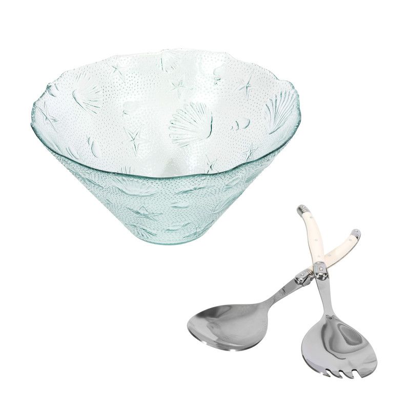  French Home Recycled Glass Coastal Salad Bowl & Laguiole Salad Servers - Clear glass. Ivory servers - Bonton