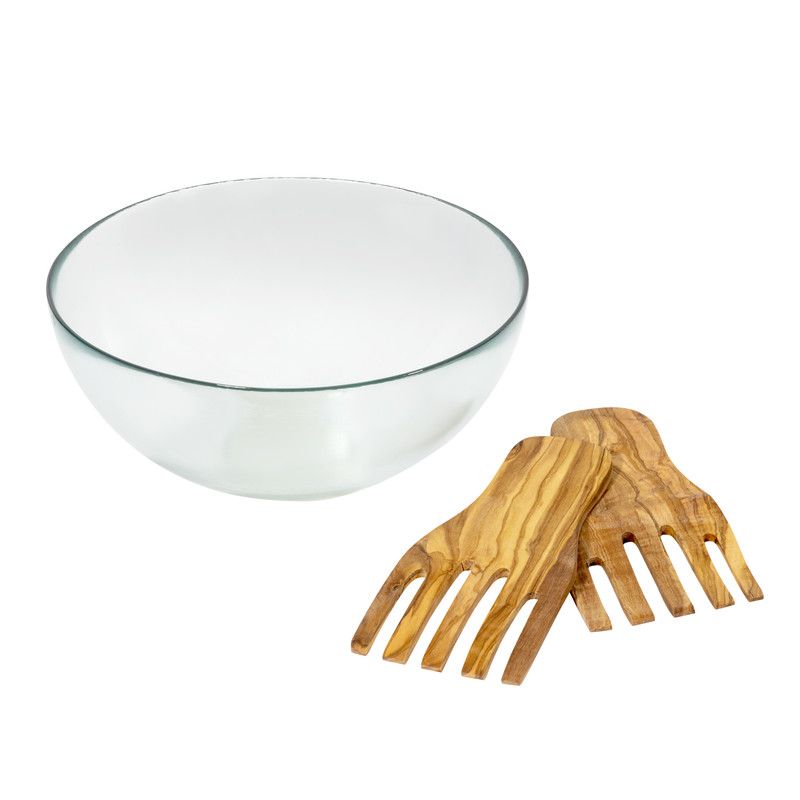  French Home Recycled Glass Urban Salad Bowl & Olive Wood Server Hands - Clear / Olive Wood - Bonton