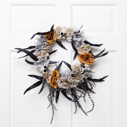 Skulls With Roses Halloween Foliage Wreath - 14" - Orange  Gray and Black - Unlit