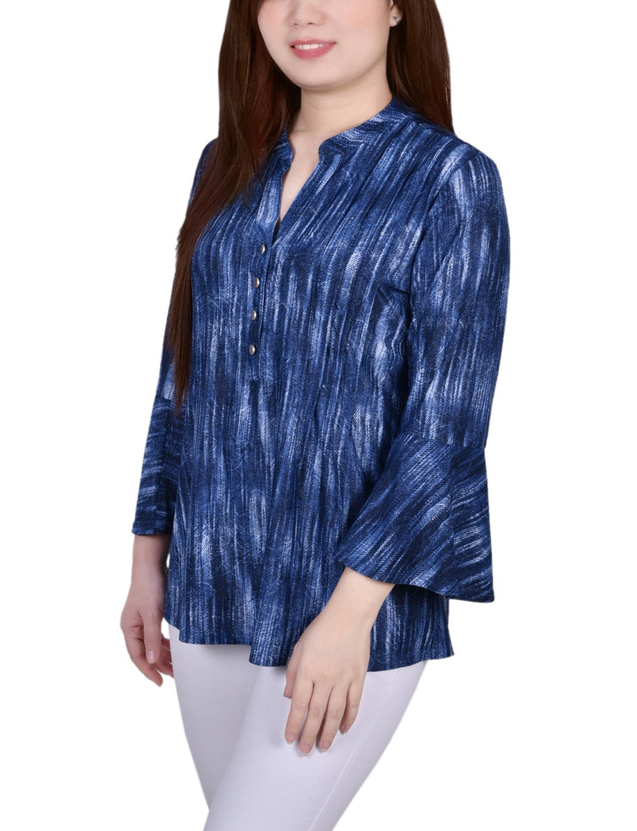  NY Collection 3/4 Bell Sleeve Pleat Front Y Neck Top - Mauve Tie Dye - Bonton