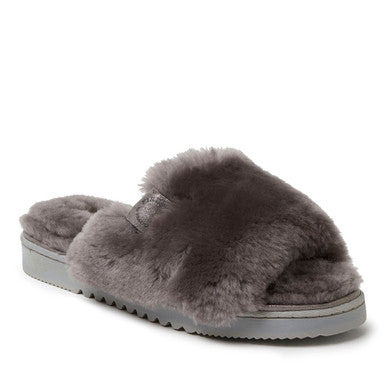  Dearfoams Fireside by Women's Cairns Shearling Easy On/Off Slide Sandal Slipper - Gray - Bonton