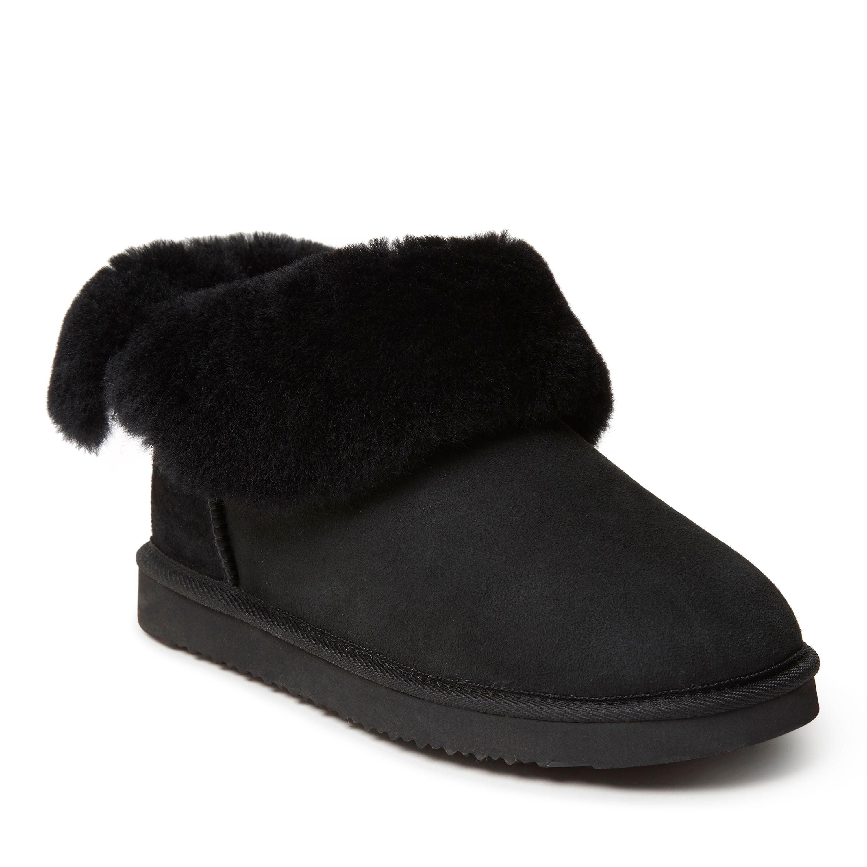  Dearfoams Fireside by Women's Shearling Water Resistant Indoor/Outdoor Foldover Boot Slipper - Black - Bonton