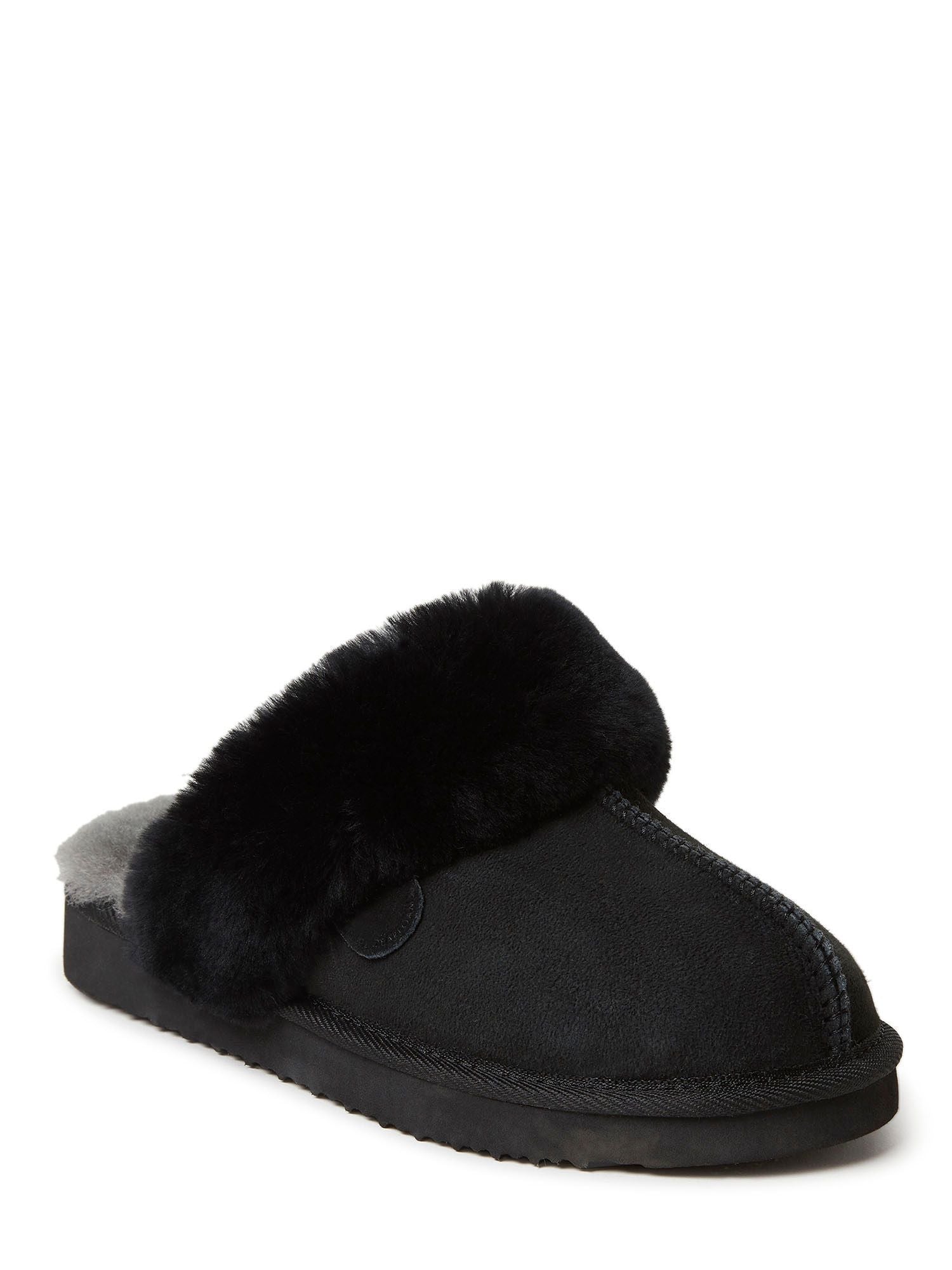  Dearfoams Fireside by Women's Sydney Shearling Fur Indoor/Outdoor Scuff Slipper - Black - Bonton