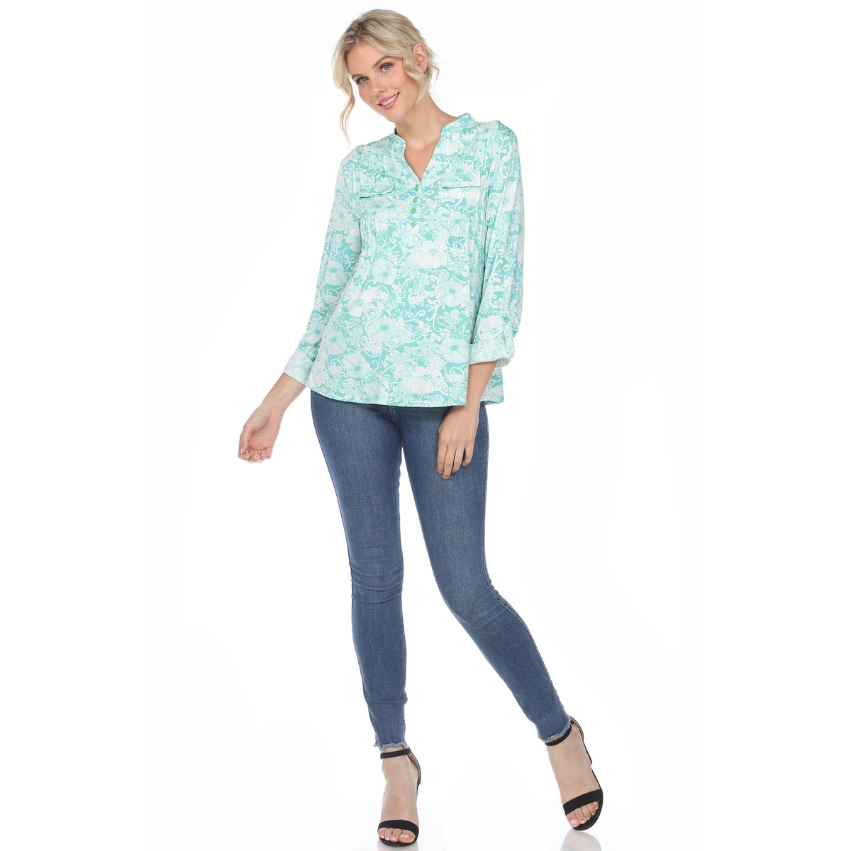  White Mark Women's Pleated Long Sleeve Floral Print Blouse - S - Bonton