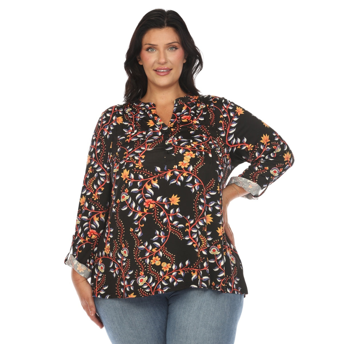  White Mark Plus Size Paisley Button Front Tunic Top - 1X - Bonton