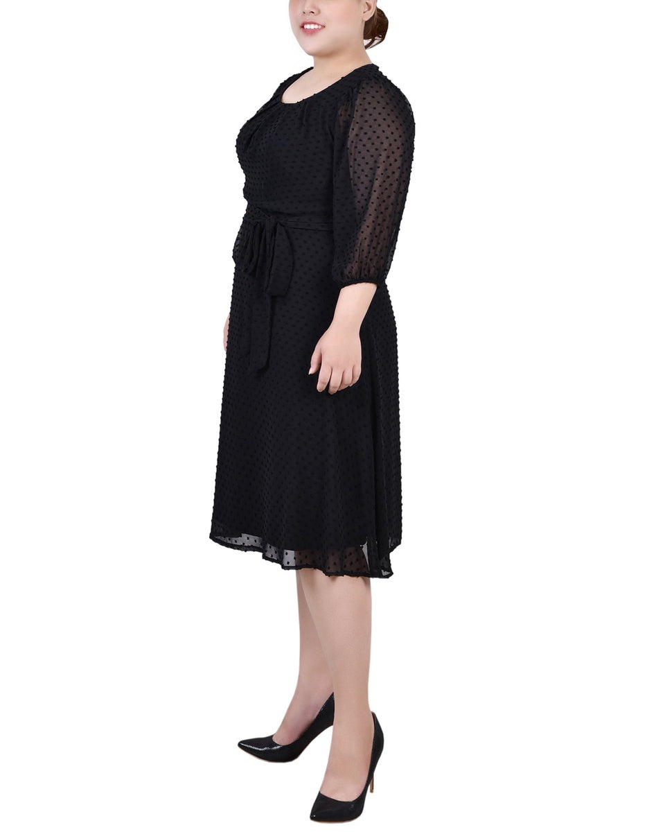  NY Collection Plus Size 3/4 Sleeve Clip Dot Dress - Black - Bonton