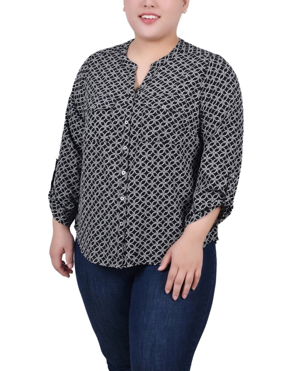  NY Collection Plus Size 3/4 Roll Tab Sleeve Y-Neck Blouse - Black White Rope Iconic - Bonton