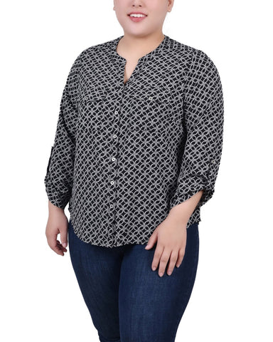 Plus Size 3/4 Roll Tab Sleeve Y-Neck Blouse