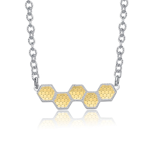 Two-Tone Textured Hexagonal Honeycomb Design Pendant Necklace, White Gold Plated & 14K Gold Plated