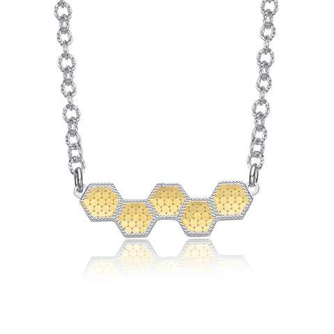 Two-Tone Textured Hexagonal Honeycomb Design Pendant Necklace, White Gold Plated & 14K Gold Plated