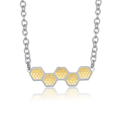 Two-Tone Textured Hexagonal Honeycomb Design Pendant Necklace, White Gold Plated & 14K Gold Plated