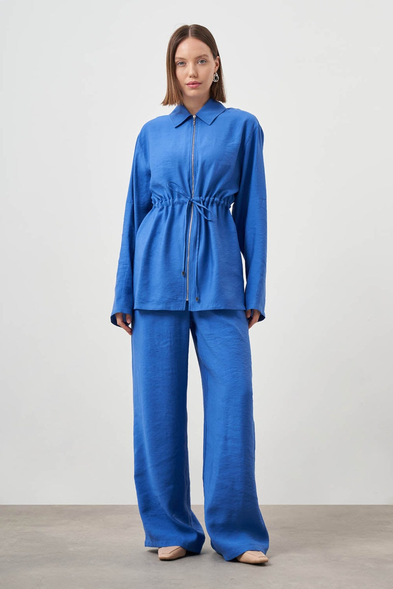  Mizalle Mizalle-Cinched Waist Shirt Jacket-Blue - Blue - Bonton