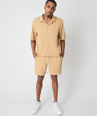 Textured Knit Short Sleeve Button Down Shirt - Taupe