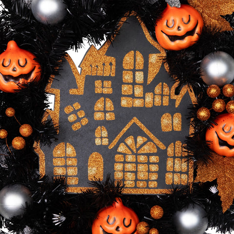 Orange and Black Haunted House Halloween Wreath  24-Inch  Unlit