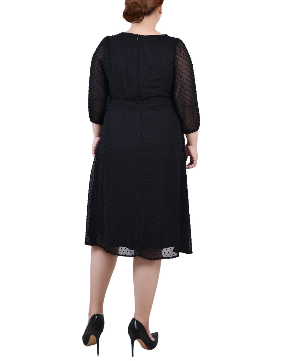  NY Collection Plus Size 3/4 Sleeve Clip Dot Dress - Black - Bonton