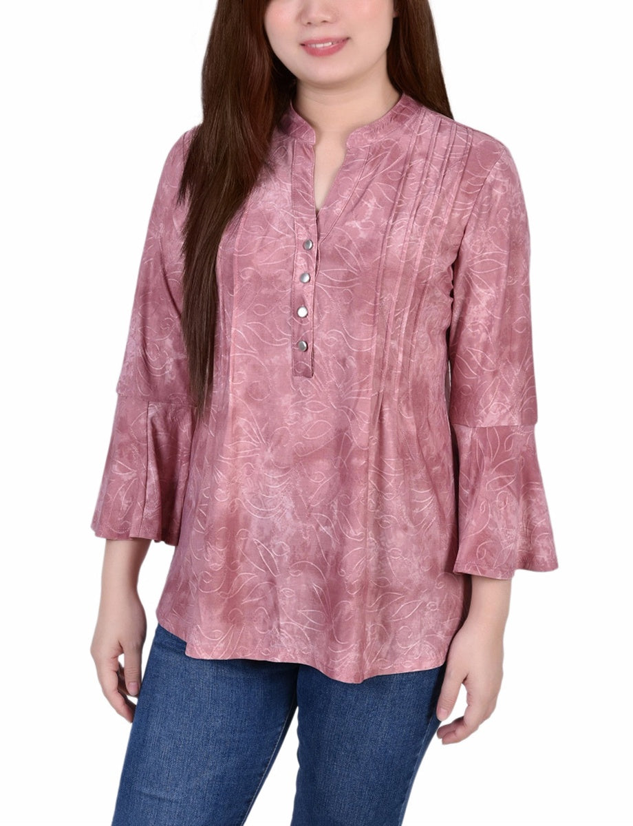 NY Collection 3/4 Bell Sleeve Pleat Front Y Neck Top - Mauve Tie Dye - Bonton