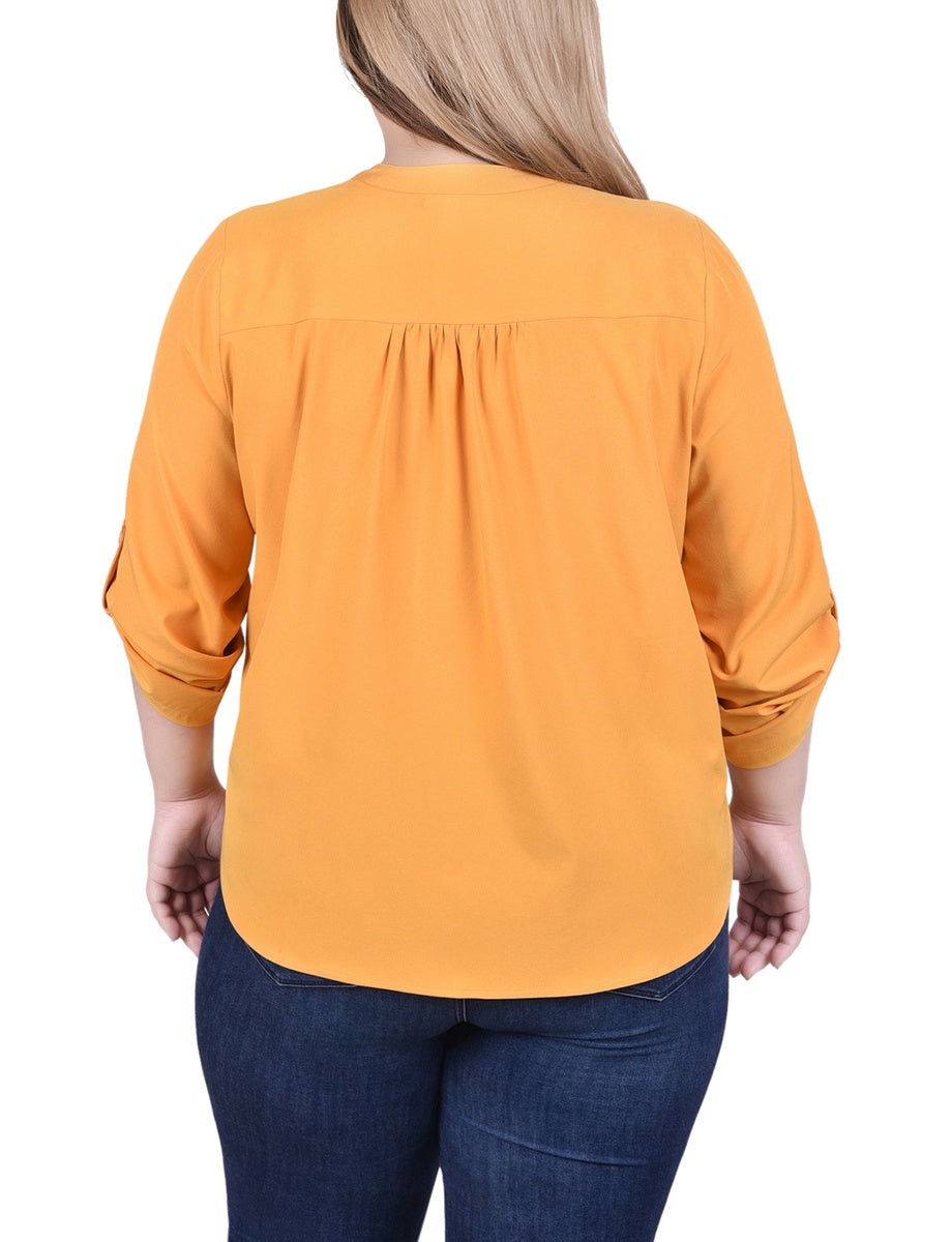  NY Collection Long Tab-Sleeve Blouse With Pockets - Golden Glow - Bonton