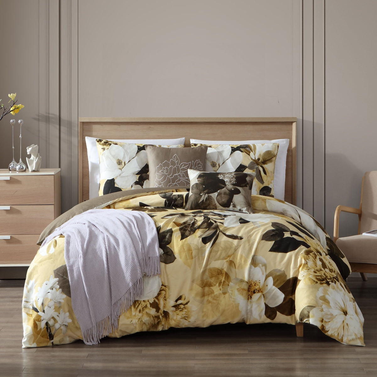  Bebejan Yellow Magnolia 100% Cotton 5 Piece Reversible Comforter Set - QUEEN - Bonton