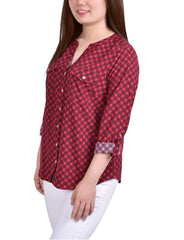 Petite 3/4 Sleeve Roll Tab Y Neck Blouse