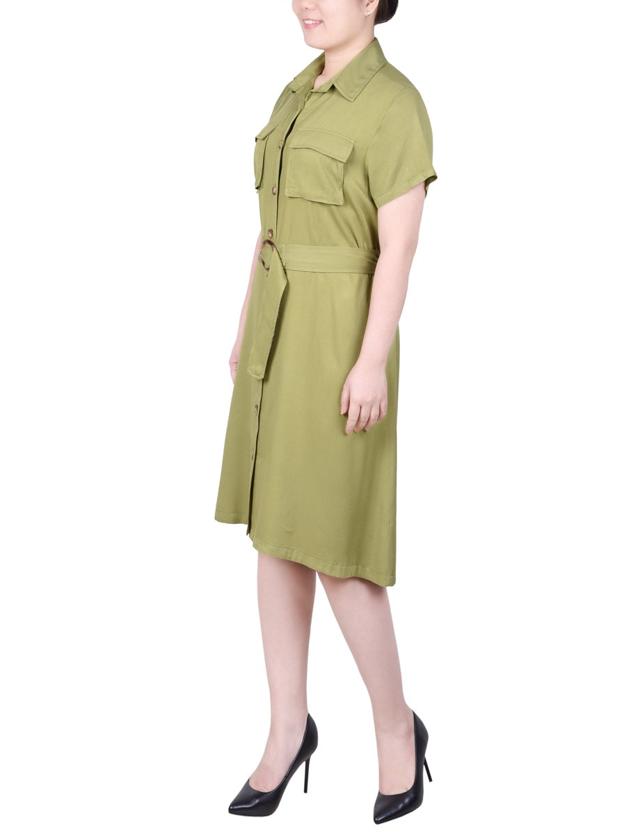  NY Collection Petite Short Sleeve Safari Style Dress - Olive Green - Bonton