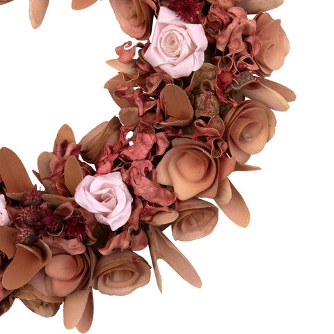 Roses and Wooden Flowers Artificial Spring Wreath - 12" - Unlit - Pink