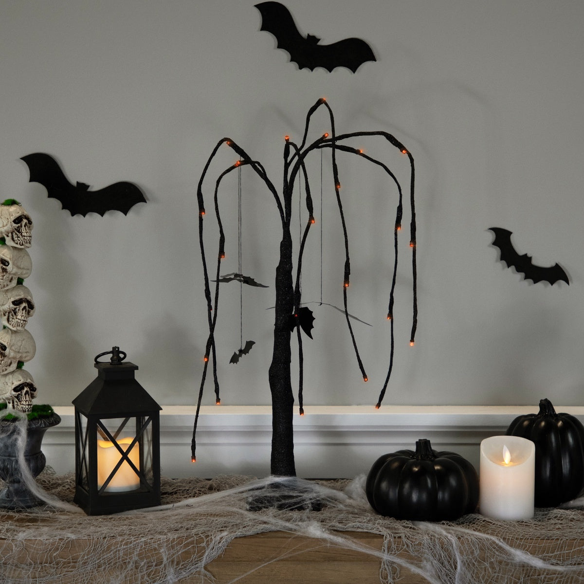  Northlight Pre-Lit Glittered Halloween Willow Tree With Bats - 24