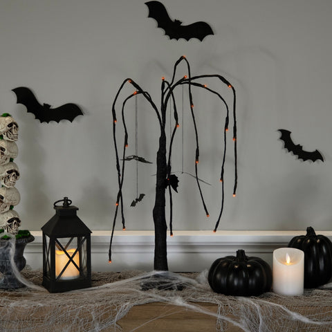 Pre-Lit Glittered Halloween Willow Tree With Bats - 24" - LED Orange Lights