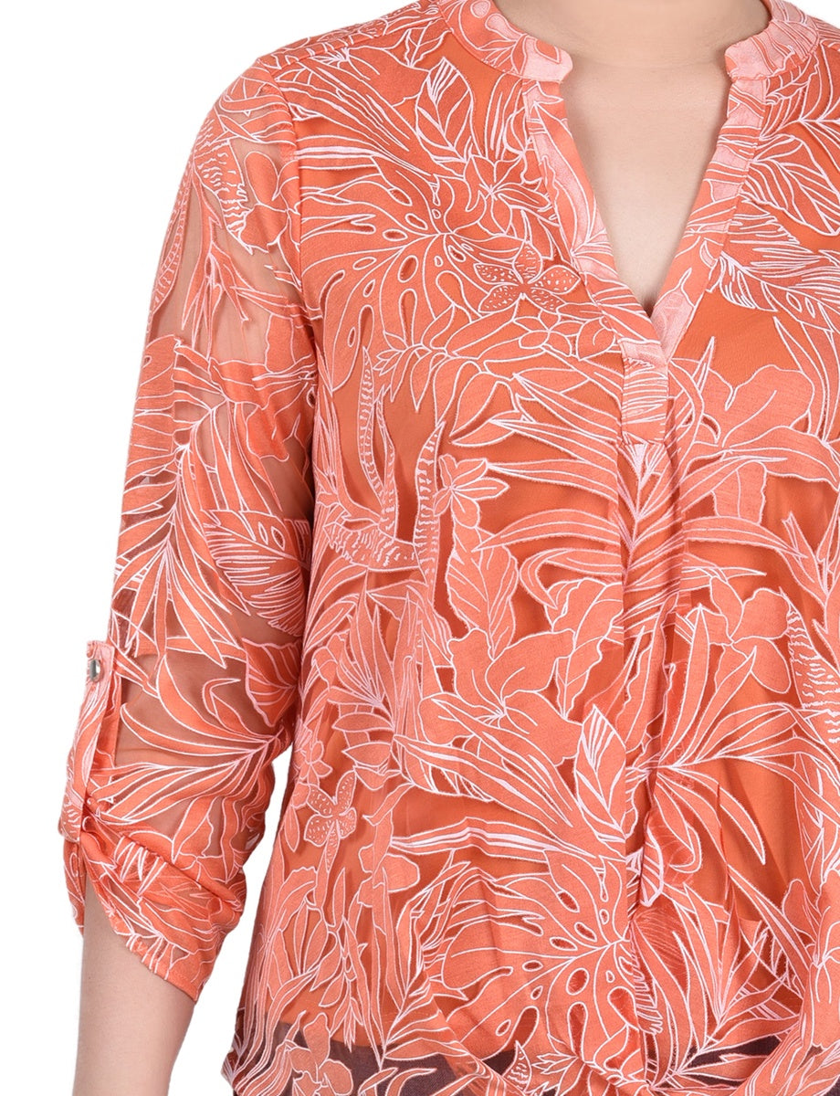  NY Collection Long Sleeve Burnout Y Neck Blouse - Black Palm Leaves - Bonton