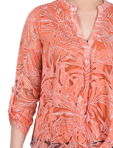 Long Sleeve Burnout Y Neck Blouse