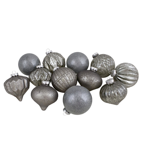 Finial and Glass Ball Christmas Ornaments -3.25" - Neutral and Silver - Set of 12