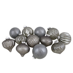 Finial and Glass Ball Christmas Ornaments -3.25" - Neutral and Silver - Set of 12