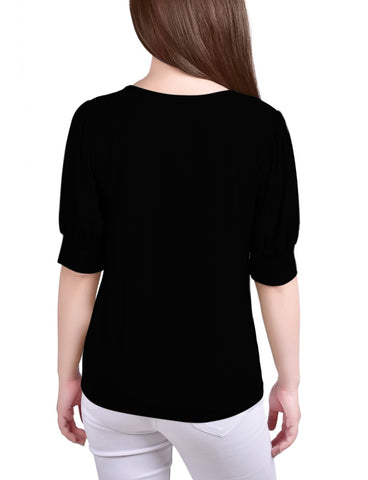 Petite Short Puff Sleeve Sheer Inset Top