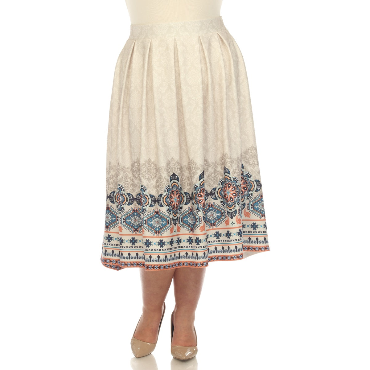  White Mark Plus Size Pleated Skirt With Border Prints - 1X - Bonton